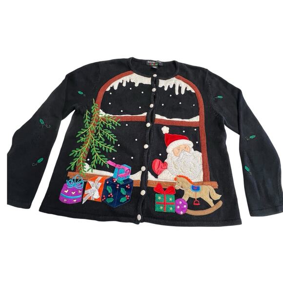 Hampshire Studio Women Snow Cardigan Sweater Christmas Window Scene Santa Large - Picture 1 of 8